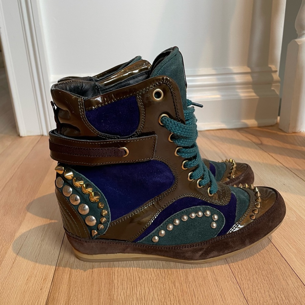 $750 Baldinini wedge high top sneakers designer suede patent studded athleisure